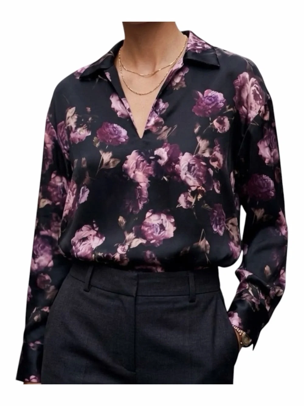 Vince Night Garden 100% Silk Popover Blouse Purple Floral Lapel Collar Size SM